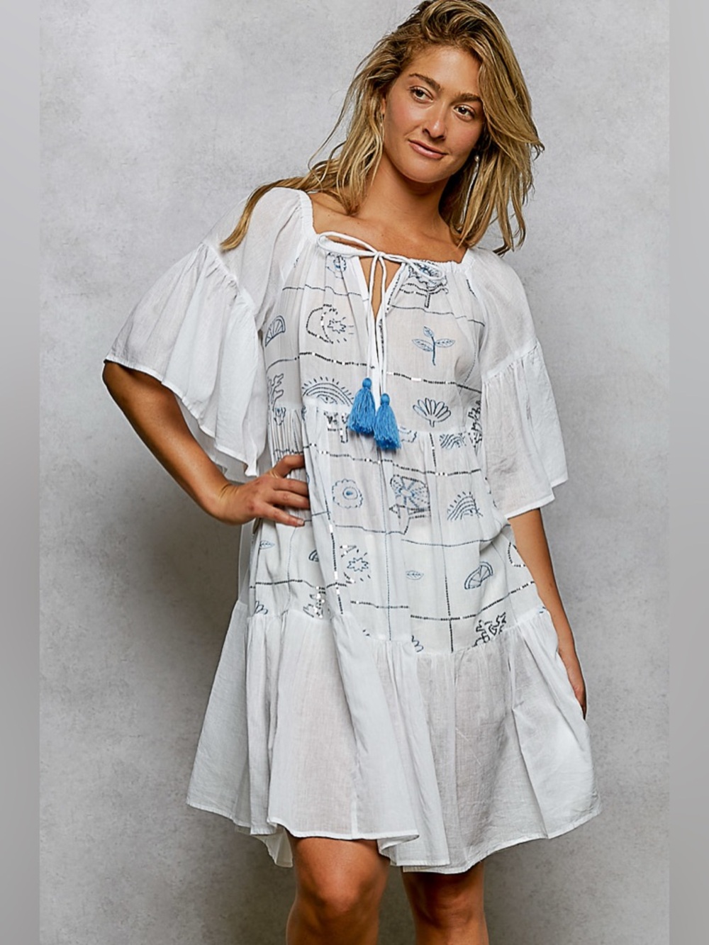 POL Tied Tassel Embroidery Half Flared Sleeve Mini Dress
